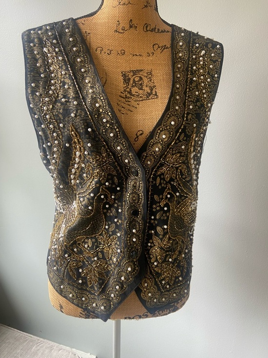 Jackets & Blazers - VTG Black Vest Heavy Gold Embroidered Beadwork Womens L Festival Statement Event